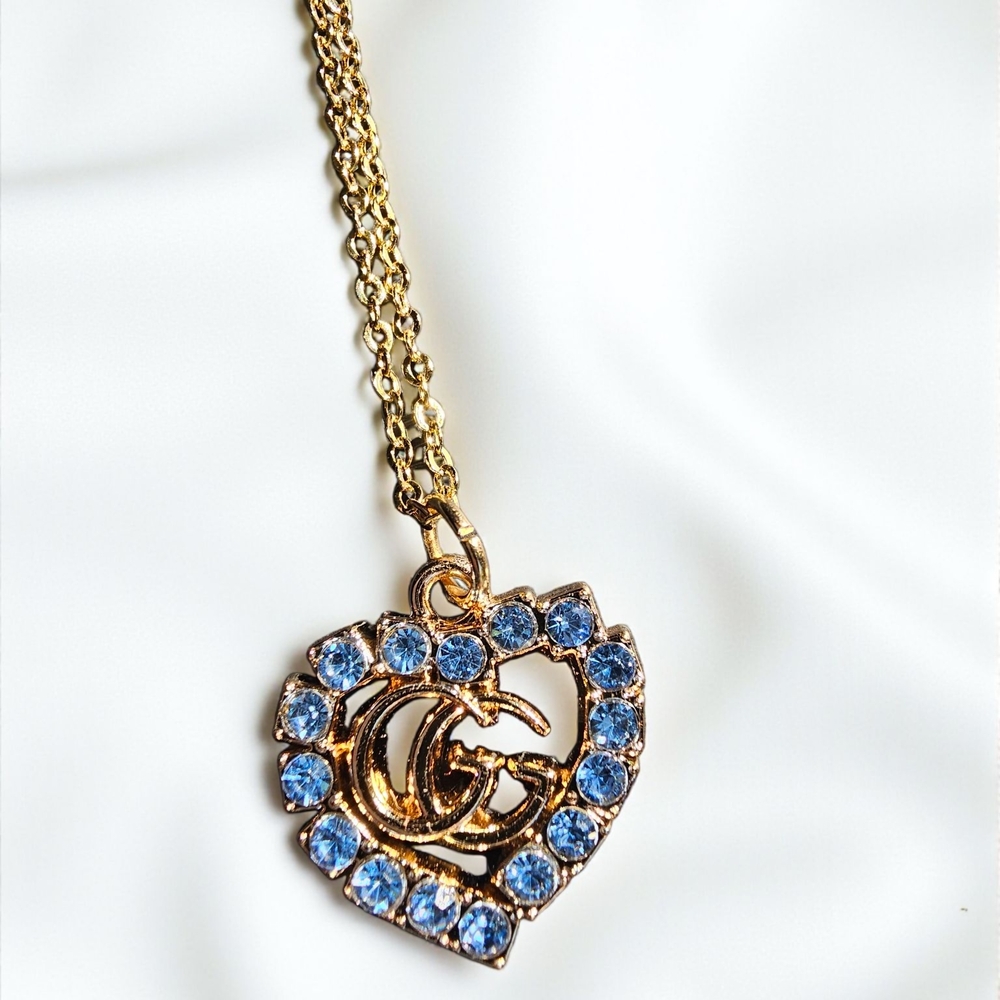Gold Heart Pendant Necklace with Periwinkle Accents Upcycled Gucci Stamped